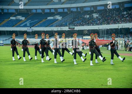 Kalkutta, Westbengalen, Indien. 27. August 2023. Mohunbagan Super Giants erreicht das Durand-23-Fußballturnier im Halbfinale, indem er am 27. August 2023 im vierten Viertelfinale des VYBK (Vivekananda Yuva Bharti Krirangan), Salt Lake, Kolkata, mit 3-1 Margen gegen den FC Mumbai City schlägt. Jason Cummings(P), Manvir Singh und Anwar Ali erzielten die Siegertreffer für Mohunbagan, während Jorge Pereyra Diaz den Trost für Mumbai City FC erzielte (Credit Image: © Amlan Biswas/Pacific Press via ZUMA Press Wire) NUR REDAKTIONELLE VERWENDUNG! Nicht für kommerzielle ZWECKE! Stockfoto