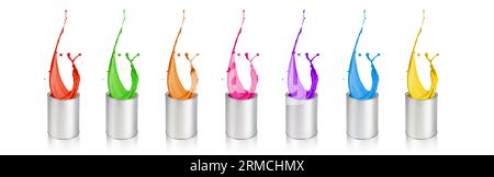 Farbe in verschiedenen Farben, die aus Dosen auf weißem Hintergrund spritzt Stockfoto