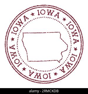 Iowa Runde Gummimarke mit uns State Map. Vintage-roter Passstempel mit kreisförmigem Text und Sternen, Vektorillustration. Stock Vektor