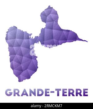 Karte von Grande-Terre. Niedrige Poly-Darstellung der Insel. Violettes geometrisches Design. Polygonale Vektorillustration. Stock Vektor