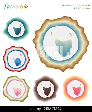Tasmanien Logo-Kollektion. Buntes Abzeichen der Insel. Die Umrandung Tasmaniens wird durch Lagen ergänzt. Vektorillustration. Stock Vektor