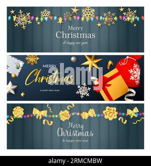 Weihnachtsbanner mit Lichterketten und goldenen Bögen Stock Vektor