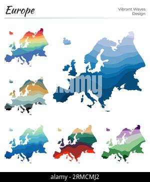 Set von Vektorkarten von Europa. Lebendiges Wellendesign. Helle Karte des Kontinents im geometrischen Stil mit glatten Kurven. Mehrfarbige Europakarte für Ihr Design. Stock Vektor