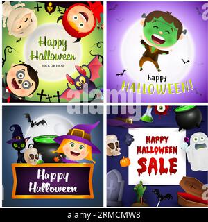 Fröhliches Halloween-Banner-Set mit frankenstein in Grün und Violett Stock Vektor