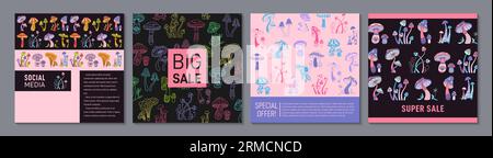 Mushrooms im Retro-Design oder mit quadratischen Karten. Giftige psychedelische abstrakte Pilzmuster Seitenflyer, trendiger Notizbuchplaner. Dekorative mystische Boho Pilze Hintergrundschablone Stock Vektor