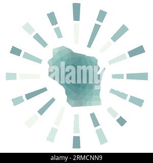 Sonnenaufgang in Wisconsin. Niedrige Poly-Streifen und Karte des US-Bundesstaates. Lebendige Vektor-Illustration. Stock Vektor