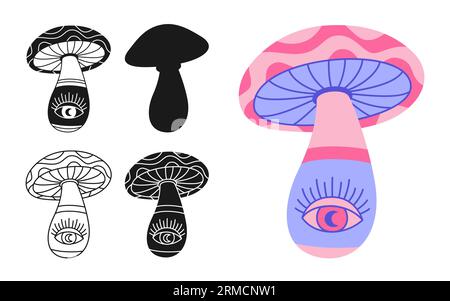 Pilz stilisiert Porcini fantastisches Set. Psychedelischer Retro-Hippie-Pilz. Farbige, silhouettenförmige oder Symbol-Doodle-Tätowierungen zeichnen verzierte surreale spirituelle Pilze aus. Retro-Alchemie-Vektorsammlung Stock Vektor