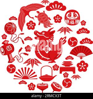 Das Jahr Des Drachen Und Andere Japanische Vintage Lucky Charms Feiern Das Neue Jahr. Vektorillustration isoliert auf weißem Hintergrund. Stock Vektor