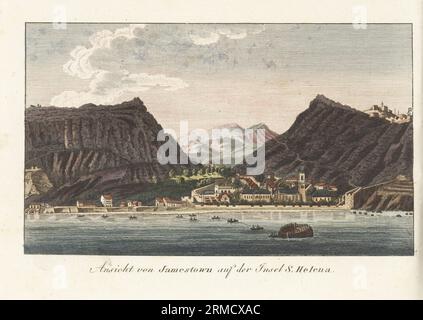 Blick auf die Stadt Jamestown auf der Insel Saint Helena, 1815. Napoleon Bonaparte wurde 1815 auf die Insel verbannt. Ansicht von Jamestown auf der Insel S. Helena. Handkolorierter Kupferstich aus Carl Bertuchs Bilderbuch fur Kinder, Weimar, 1815. Eine 12-bändige Enzyklopädie für Kinder, illustriert mit fast 1.200 gravierten Platten über Naturgeschichte, Wissenschaft, Kostüm, Mythologie usw., veröffentlicht von 1790-1830. Stockfoto