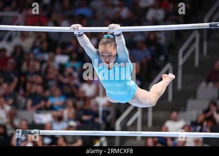 27. August 2023: Katelyn Jong nimmt am Woman's Day 2 der US Gymnastics Championships 2023 im SAP Center in San Jose, KALIFORNIEN, Teil. Kyle Okita/CSM (Bild: © Kyle Okita/Cal Sport Media) Stockfoto