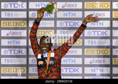 Budapest. 27th Aug, 2023. Gold medalist Mary Moraa of Kenya attends the awarding ceremony for Women's 800m at the World Athletics Championships Budapest 2023 in Budapest, Hungary on Aug. 27, 2023. Credit: Attila Volgyi/Xinhua/Alamy Live News Stock Photo