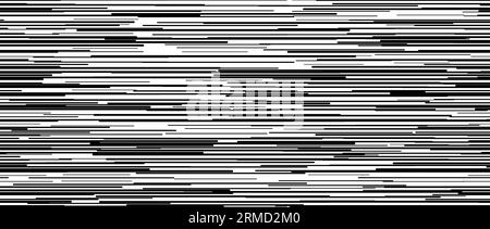 Nahtloses zufälliges Linienmuster. Wiederholungsmuster für weißes tv-Rauschen. Hintergrundmuster mit schwarzen und weißen horizontalen, unregelmäßigen Linien. Hintergrundbild mit Glitch-Konzept. Vektorillustration. Stock Vektor