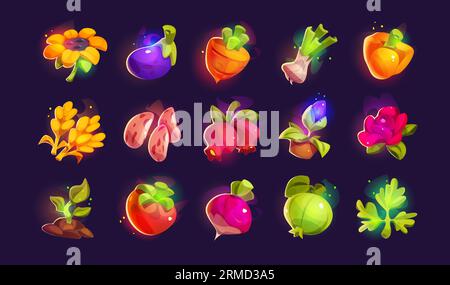 Obst- und Gemüseset für Farmen und Gartenbau. Isolierte Darstellung von Lebensmitteln für die Mibile App-Schnittstelle mit Glühen und Dampf. Glänzende Sonnenblume, Karotte, Pfeffer und Tomate mit Glitzer und Nebel Stock Vektor