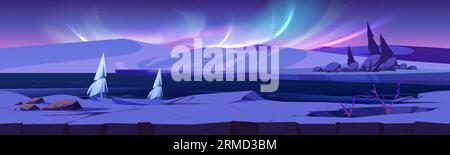 Nördliche Winterlandschaft mit schneebedecktem und eiskaltem Fluss, Bergen, Bäumen und aurora Borealis am Himmel. Karikaturvektorillustration des nächtlichen Polarpanoramas. Arktische Skyline-Landschaft im Dämmerlicht. Stock Vektor