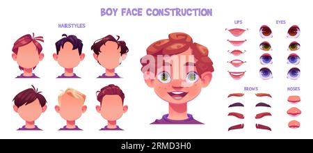 Kindergesichtsbausatz. Comic-Gesichtsteile zur Erstellung von Kind-Avatar mit verschiedenen Nasen, Augen und Brauen, Frisuren. Vektorillustration von kaukasischen Hautelementen für Gesichtsgenerator. Stock Vektor