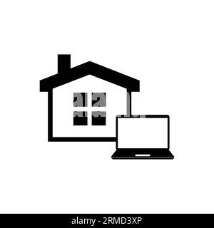 Symbol „von zu Hause aus arbeiten“. Immobilienverwaltung. Immobilien. Haus und Laptop. Vektorsymbol isoliert auf weißem Hintergrund. Stock Vektor