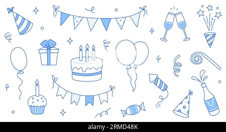 Symbol für Geburtstagsknospen. Handgezeichnete Skizze Doodle Geburtstagskuchen, Ballon, Event Dekoration Element. Party, Karnevalsfeier Konzept Hintergrund. Vektorillustration. Stock Vektor