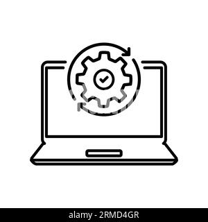 Schlankes Notebook und Zahnrad-ähnliches Update. Linearer Trend modernes minimales Logotyp-Strich-Art-Design-Webelement isoliert auf weißem Hintergrund. C Stock Vektor