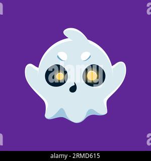 Halloween-Geister-Emoji-Figur. Die isolierte Vektorphantomfigur erschreckt mit einem fröhlichen Buh und gelben, leuchtenden Augen, die eine gruselige Twis hinzufügen Stock Vektor