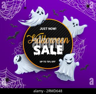 Halloween-Verkaufsbanner, Comic-gruselige Geister und Spinnen im Spinnennetz. Vector Promo Hintergrund für Herbstrabatt Angebot. Anzeigenkarte mit Stock Vektor