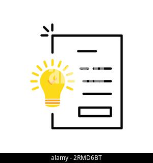 Patentsymbol mit Dokument mit gelber Glühlampe. Skizzieren Sie das einfache, moderne Design des Logotyps, isoliert auf weiß. Konzept des technischen Workflo Stock Vektor