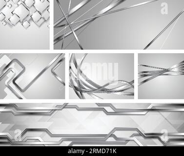 Set aus grausilberner Metallic-Technologie und welligen Hintergründen. Abstraktes Vektordesign im Chromstil Stock Vektor