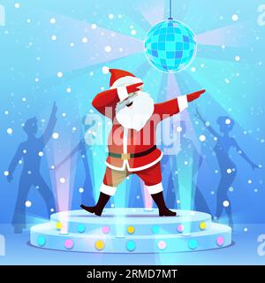 Comic Santa Charakter dab-Tanz auf Weihnachtsfeier im Club, Vektor-Feiertag Hintergrund. Weihnachtsmann tanzt dab-Tanz auf Tanzfläche mit Discoball im Mittelpunkt Stock Vektor