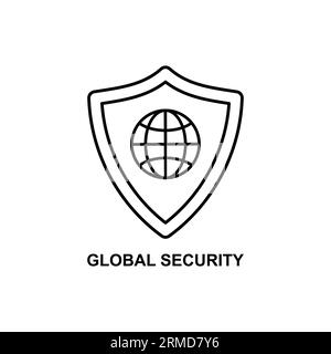 Symbol für globale Sicherheit mit linearer Abschirmung. Flacher Strichstil-Trend modernes Sicherheits-Logotyp Grafik-Design-Element isoliert auf weißem Hintergrund. CON Stock Vektor