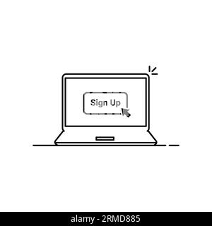 Klicken Sie auf der linearen Laptopkarte auf die Schaltfläche „Anmelden“. Konzept des abstrakten ui-Symbols und neue Registrierung auf der Website. Flache dünne Linie Trend Modern anmelden oder Stock Vektor