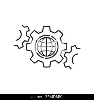 Lineares Zahnrad mit Weltsymbol wie effektive Industrie. Linearer Trend modernes grafisches Strichdesign, Netzelement isoliert auf weiß. Konzept des Internats Stock Vektor