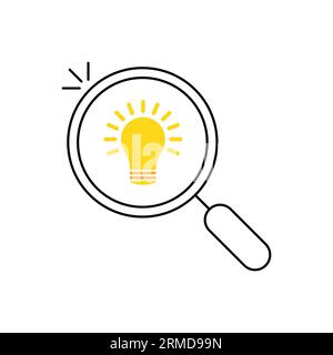 Symbol „Ideen finden“ mit dünner Lupe. Konzept der Einfachheit der Vorschläge oder des Umfragen- und Lernprozesses. Flach linear einfacher Trend Moderne Visionalität o Stock Vektor