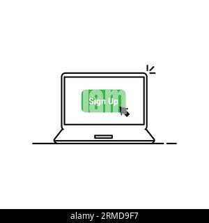 Schwarzes, flaches Notebook mit Anmeldetaste. Flache, lineare, moderne Grafik-Design-Illustration mit Logotyp, isoliert auf weiß. Konzept der Anmeldung vor Ort o Stock Vektor