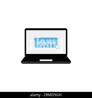 Schwarzes Notebook mit blauer Schaltfläche „jetzt anwenden“. Konzept der Anwendung, um der Community oder Website beizutreten, und mobile Anmeldung oder Follower. Flaches, modernes Logo im Cartoon-Stil Stock Vektor
