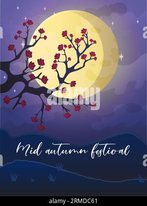 Süßes, fröhliches Festivalbanner für den Herbst. Mit fliegendem Hasen, blühendem Baum und chinesischer Laterne am Nachthimmel mit Vollmond. Chinesische Party-Illustration Stock Vektor