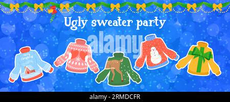 Hässliches Pulli-Partybanner. Weihnachtliche Winterpullover mit verschiedenen Ridiculos-Designs, DIY-Atmosphäre. Vektorillustration isoliert auf weißem Hintergrund Stock Vektor