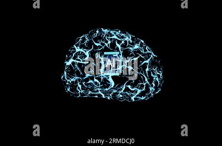 Visualisierung der neuronalen Netzwerkstruktur künstlicher Intelligenz von Algorithmen, die das menschliche Gehirn replizieren. Algorithmus für maschinelles Lernen zur Lösung von Rechenoperationen, 3D-Rendering-Animation Stockfoto