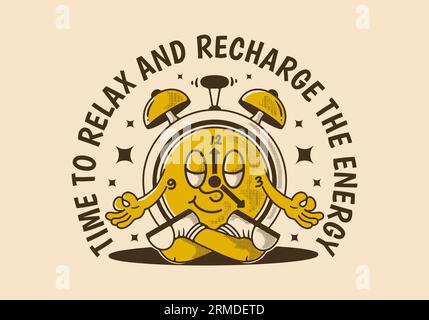 Time to relax and recharge energy, alarm clock mascot character in meditation pose, design in vintage style Stock Vector