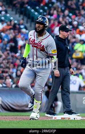 August 27 2023 San Francisco CA, USA Atlanta ernannte Hitter Marcell Ozuna (20) traf zwei Homers während des MLB-Spiels zwischen den Atlanta Braves und den San Francisco Giants. San Francisco besiegte Atlanta 8-5 im Oracle Park San Francisco Calif Thurman James/CSM Stockfoto