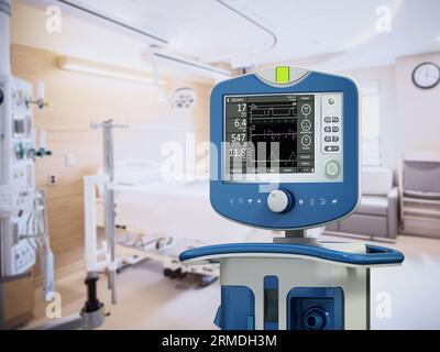 Medizinisches Beatmungsgerät im Krankenhauszimmer. 3D-Illustration. Stockfoto