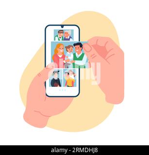 Der Mann sieht sich Fotos aus der Smartphone-Galerie an. Hände halten mobil. Familienporträts. Mann, der sich die Fotos der Abschlussfeier und der Eltern anschaut. Schnappschuss koppeln Stock Vektor