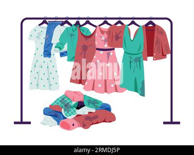Dreckige Kleidung hängen. Kleiderbügel mit verschiedenen Outfits, Modeboutique mit hängender Kleidung zum Verkauf. Vektorillustration Stock Vektor