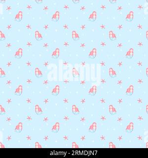 Kindliches nahtloses Muster mit Meerjungfrauen, Krabben und Seesternen. Sanftes Muster für Mädchen, Textil, Scrapbooking, Geschenkpapier. Stockfoto