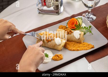 Pfannkuchenrolle mit Fleischfüllung, serviert in Sauerrahm und Paprikasauce. Stockfoto