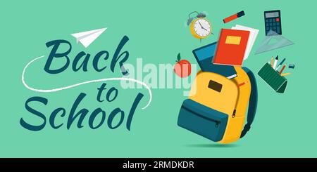„Back to School“- und „Education“-Banner mit Schulausrüstung, die in einen Rucksack fällt, Kopierraum Stock Vektor