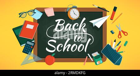 „Back to School“- und „Education“-Banner mit Tafel und Schulausrüstung Stock Vektor
