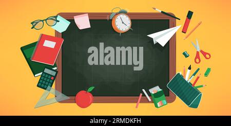 „Back to School“- und „Education“-Banner mit Tafel und Schulausrüstung Stock Vektor