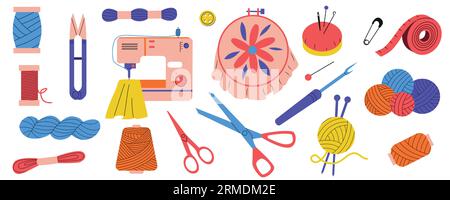 Stickwerkzeuge. Cartoon Schneider Nähmaschine Fingerhut Schere und Stoff, Handarbeit Nähausrüstung für Mode Textil. Vektorsatz Stock Vektor