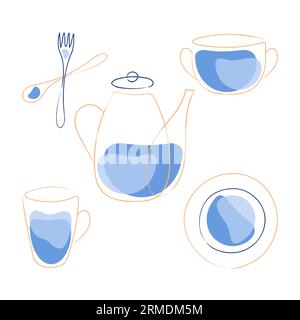 Set von Hand gezeichneten Utensilien stilisierte Doodles Teekanne Teller Becher Gabel und Löffel, Elemente für Küche Restaurant Café Design, isoliert, weißer Hintergrund. Stock Vektor