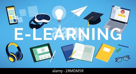 E-Learning-Text, umgeben von Geräten und Schulgeräten, Lern- und Bildungskonzept Stock Vektor