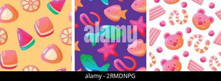 Gelee-Gummimuster. Nahtloser Druck von farbenfrohen süßen Kaubonbons, sich wiederholende Textur in verschiedenen Formen. Vektorstruktur Stock Vektor